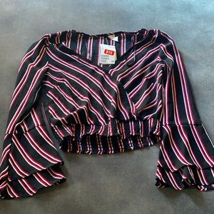 H&M Long Sleeve Stripe Crop Top with V neck plunge